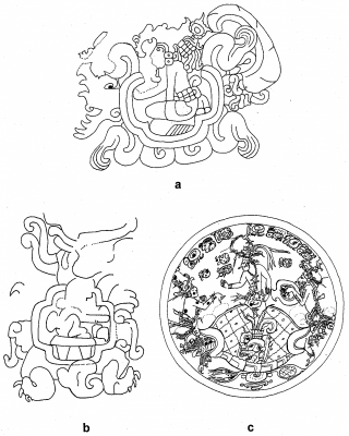 Figure 7. Cave imagery in Maya art: (a) Taka’lik Ab’aj Altar 48 (redrawn after Schieber de Lavarreda and Orrego Corzo 2009:463, Fig. 1), (b), Izapa Stela 8 (redrawn after Norman 1973: Plate 16), and (c) a Late Classic period Maya polychrome plate, Kerr No. 1892 (redrawn after Quenon and Le Fort 1997, Fig. 12) (Image copyright: Arnaud F. Lambert).